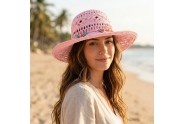 Wide Brim Crochet Toyo Straw Accent w/ Beaded Band - Pink - HT-8202PK